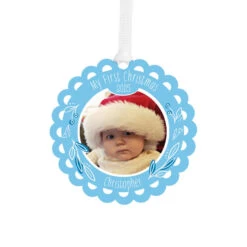 Hallmark Baby's First Christmas Blue Scalloped Metal Personalized Ornament, Custom Photo And Text