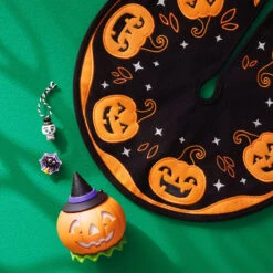 Hallmark Mini Halloween Time Fabric Tree Skirt, 12" -Hallmark Gift Shop Black and Orange Pumpkins Keepsake Tree Skirt 5QFO5384 03