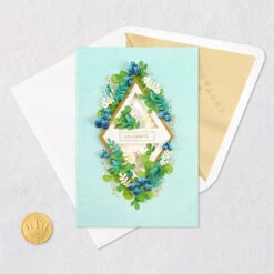 Hallmark To Love And Joy Wedding Card For Couple -Hallmark Gift Shop Blue Green and White Foliage on Gold Diamond Wedding Card 859LAD4559 05