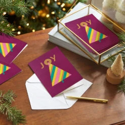 Hallmark Wishing You Abundant Joy Boxed Christmas Cards, Pack Of 16 -Hallmark Gift Shop Diagonal Striped Tree on Plum Boxed Christmas Cards 1APX1060 07