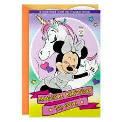 Hallmark Disney Minnie Mouse And Unicorn Sweet Girl Musical Birthday Card With Stickers And 3D Play Scene
