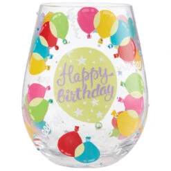 Lolita Happy Birthday Balloons Handpainted Stemless Wine Glass, 20 Oz.