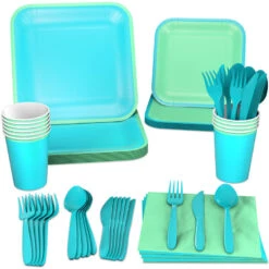 Hallmark Color Pop 96-Piece Tableware Basics Party Kit, Sea Green And Aqua