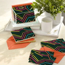 Hallmark Neon Energy Blank Thank You Notes, Pack Of 10 -Hallmark Gift Shop Neon Stripes on Black Blank Thank You Note Cards 3THK2174 07