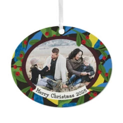 Hallmark Holiday Holly Horizontal Oval Metal Personalized Ornament, Custom Photo And Text