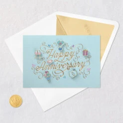 Hallmark Here's To Many More Years Anniversary Card -Hallmark Gift Shop Rings Balloons Presents Hearts on Mint Green Anniversary Card 659LAD4714 05
