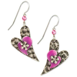 Silver And Pink Hearts Layered Metal Drop Earrings