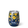 Swig Lazy Daisy Stainless Steel Stemless Wine Glass, 14 Oz. -Hallmark Gift Shop Yellow Daisies on Blue Insulated Wine Cup With Lid S102C14LD 01